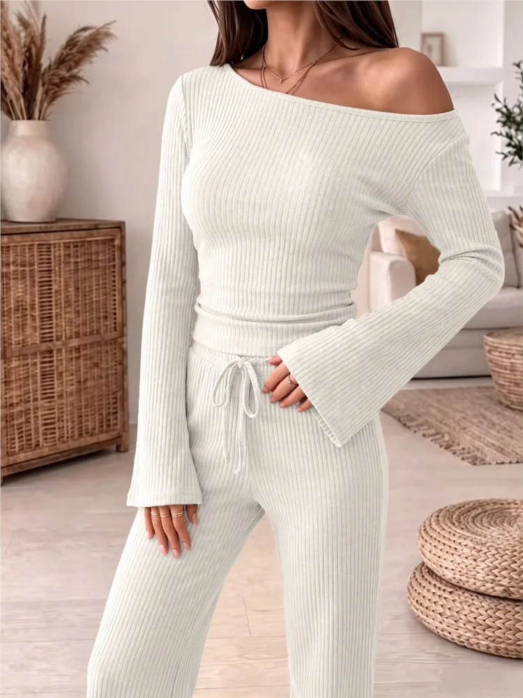 Single Collar Long Sleeved Top With Drawstring Pants Two-piece Set For 2026 Autumn And Winter Fashion Pit Patterned Pants Set