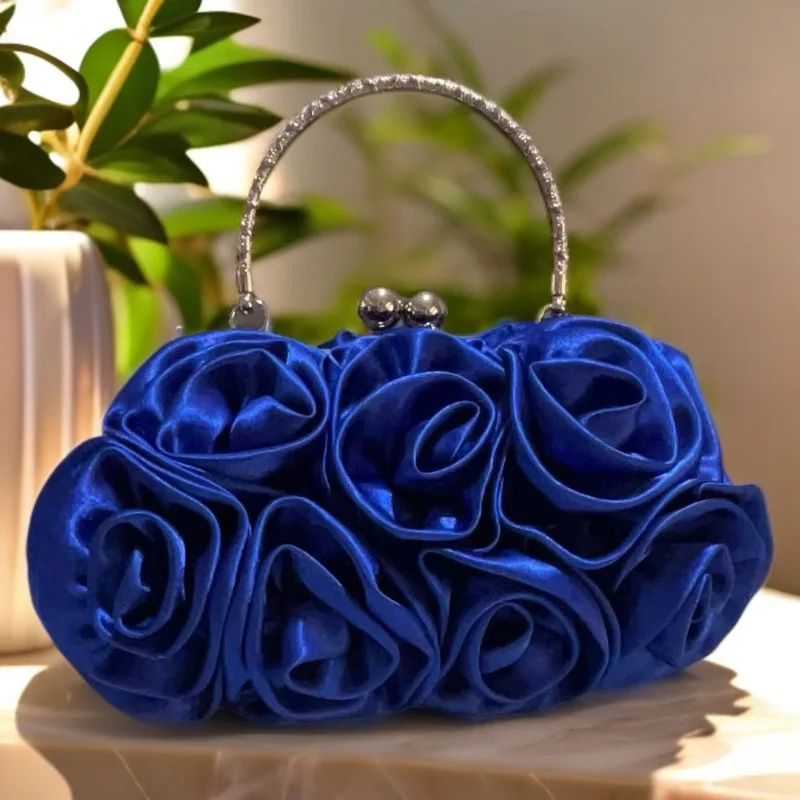 

Satin Flower Clutch Bags For Women Banquet Party Evening Bags Metal Handbags Retro Blue Silver Black Chain Shoulder Bag female