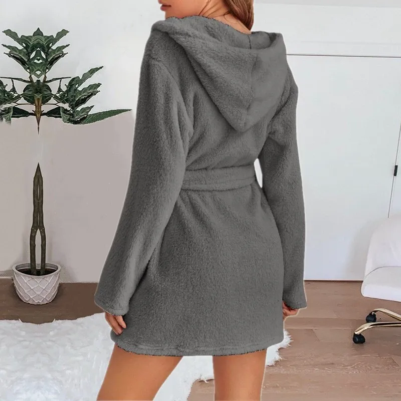 Herbst Winter Damen Sexy Bademantel Flauschiger Plüsch Pyjama Damen Kapuzen-Bademantel Einfarbiger Morgenmantel Warmer Bademantel Damen Loungewear – Detail 18
