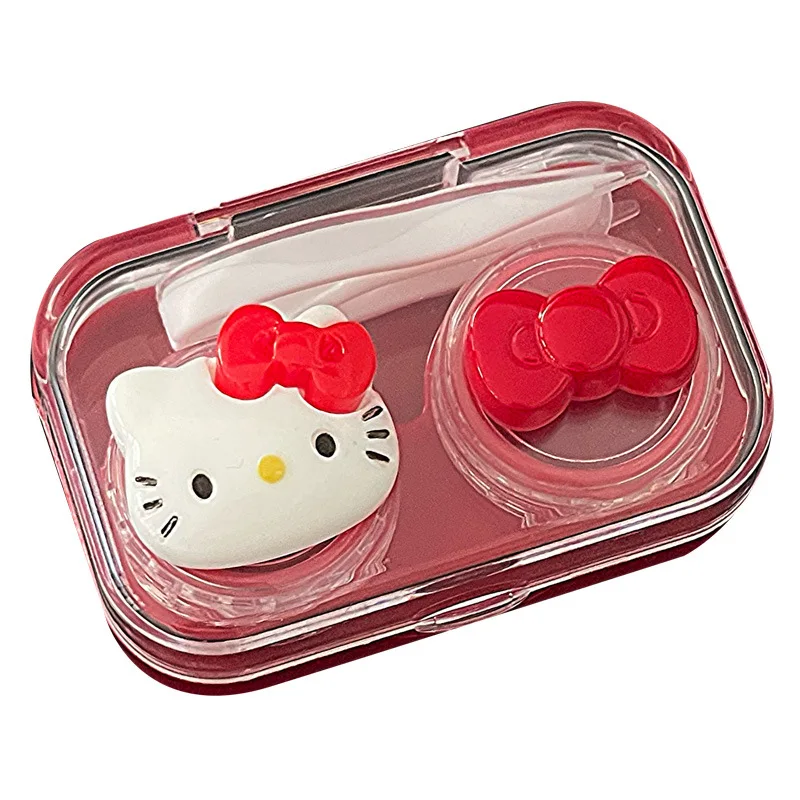 Novo sanrio hello kitty caso de lente de contato transparente vermelho dos desenhos animados kawaii portátil míope caso de lente de contato menina presentes de viagem