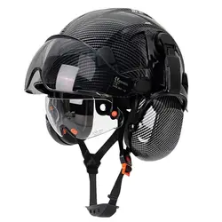 CE Carbon Fiber Safety Helmet W/ Earmuffs Double Goggles ABS Construction Hard Hat For Engineer High Quality Work Cap ANSI