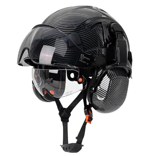 Casco de seguridad de fibra de carbono CE con orejeras, gafas dobles, casco duro de construcción ABS para ingeniero, gorra de trabajo de alta calidad ANSI