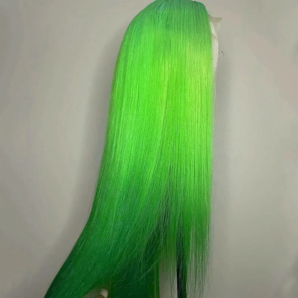 QW  Silky Straight Bright Green Colored Wig Soft Synthetic Hair Lace Wigs 13x4 Lace Front Wig Heat Resistant Fiber Cosplay