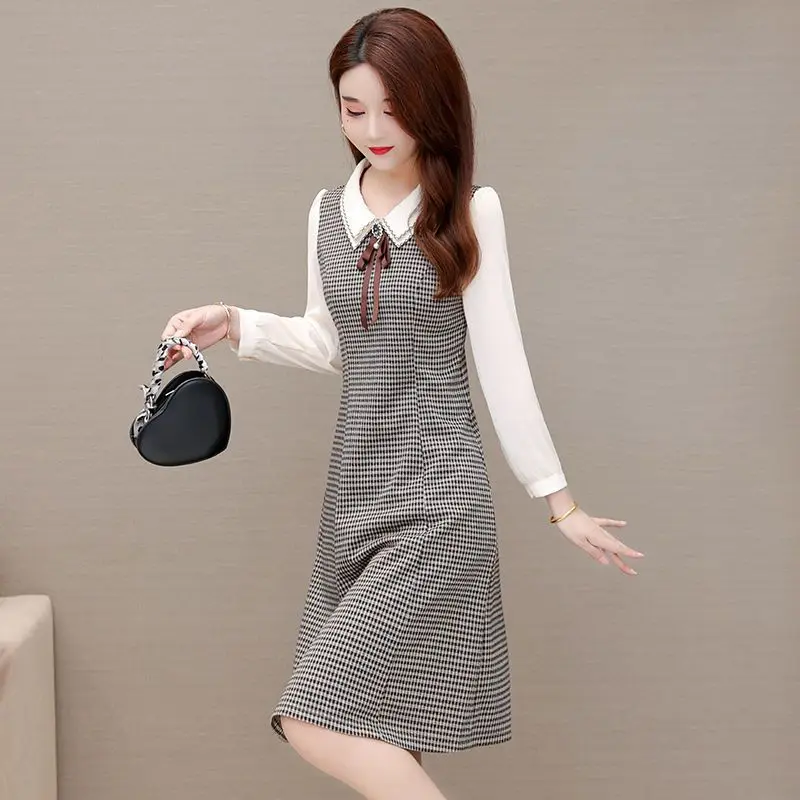 Short Dress for Wome Autumn New Stylish Doll Collar Waist Cinching Belly Covering Slimming Effect Long Sleeved Patchwork Skirt