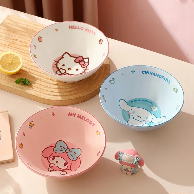 Sanrio Kawaii Hello Kitty Ceramic Instant Noodle Bowls My Melody Cinnamoroll Anime Cartoon High-looking Home Large Ramen Plate