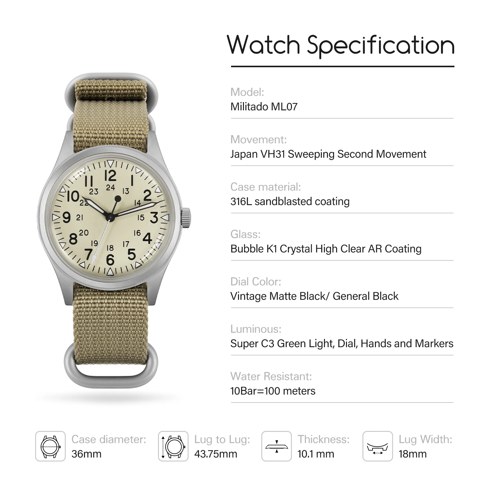 Militado ML07 Vintage Quartz Watch VH31 Movement Wristwatches Bubble Crystal With High Clear AR Coating Luminous 36mm Watches