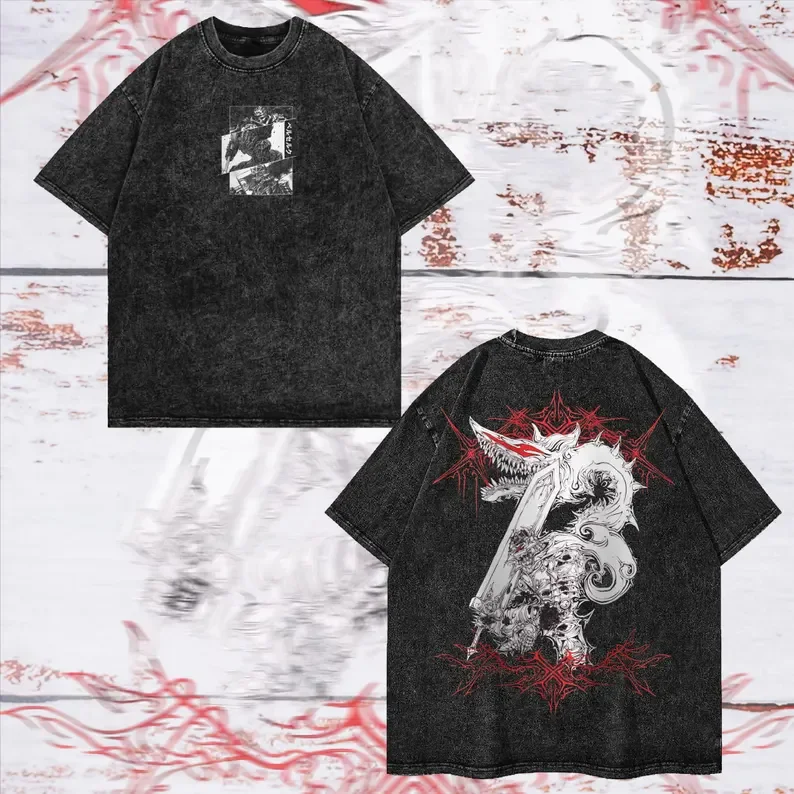 Camiseta holgada informal de algodón lavada Retro para hombre y mujer, camiseta de gran tamaño con estampado gráfico de Anime Berserk Gust, ropa de calle, camisetas de viento Harajuku
