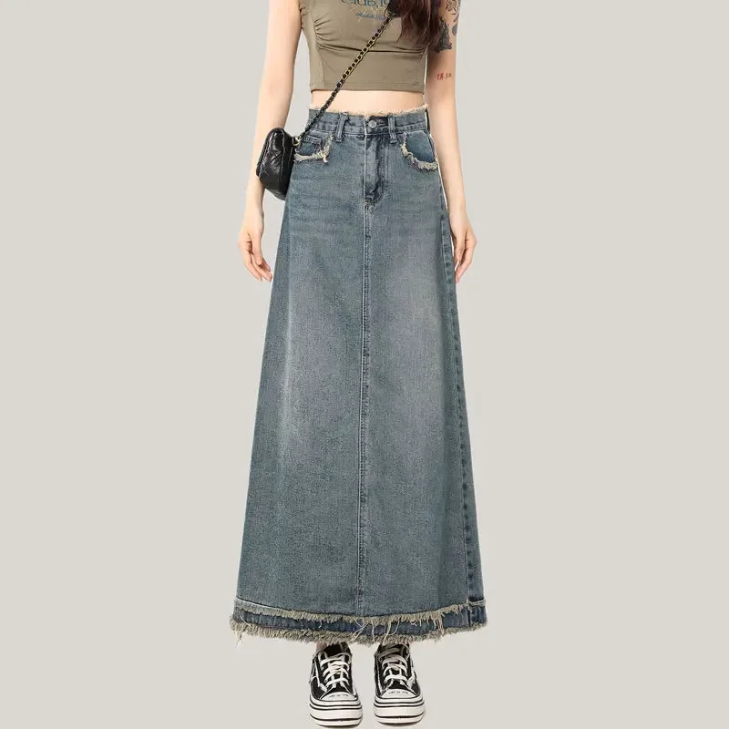 Women\'s Denim Skirt with Front Slit Maxi Long Blue Stylish Casual Plain Tall Girl Floor Jeans Summer