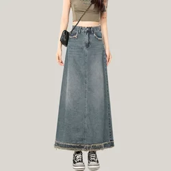 Women's Denim Skirt with Front Slit Maxi Long Blue Stylish Casual Plain Tall Girl Floor Jeans Summer