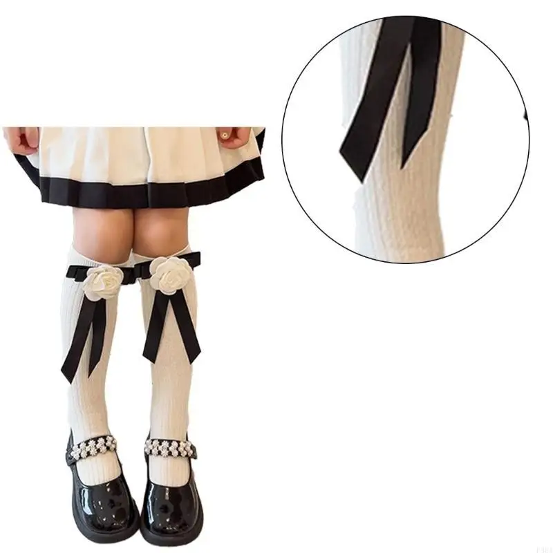 P88A – chaussettes hautes pour enfants filles, japonais JK, mignon camélia avec nœud papillon, uniforme scolaire en coton,