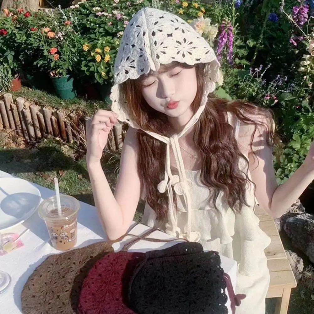 

Fashion Bohemian Summer Flower Hat Hollowed Out Crocheted Knitted Hat Casual Hand-knitted Beret Cap for Women