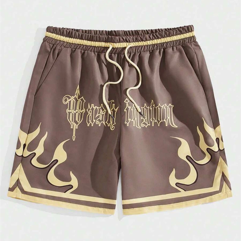 

College Style Flame Print Men Shorts Streetwear Harajuku Trend Drawstring Loose Board Short Summer Casual Outdoor Sport Y2k