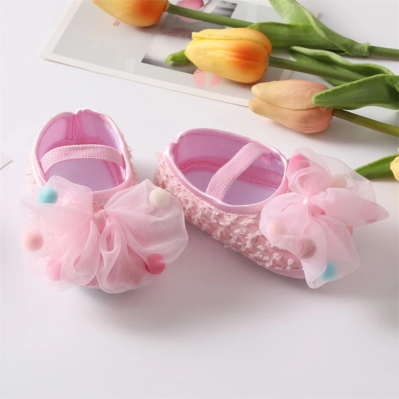 Baby Girls Mary Jane Flats with Bowknot Headband Infant Floral Bow First Walker Crib Shoes Princess Wedding Dress Shoes