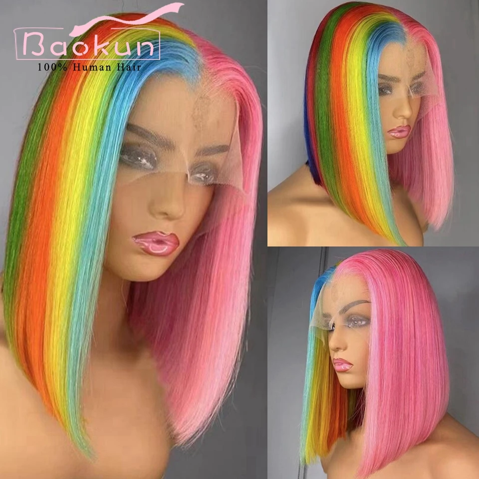 13x4 Regenbogen Bob gerade Spitze Front Perücken menschliches Haar 13x6 HD Spitze Frontal Perücke leimlos blau rot rosa Highlight menschliches Haar Perücken