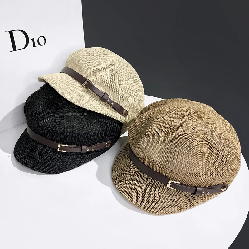 Gorra octogonal de paja para mujer, gorro fino de verano, boina de punto con cuerda ajustable, malla transpirable, para la playa, 2021