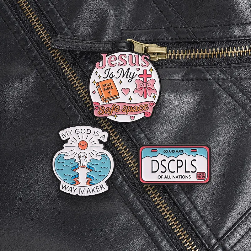 Jesus Is My Safe Space Enamel Pin, Cross And Bible Brooch With Pink Ribbon For Christian Believers And Comfort Style