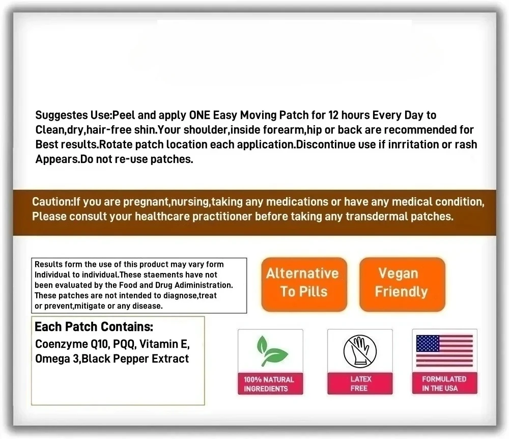 30 Patches CoQ10 Transdermal Patches Plus PQQ, Omega 3, and Vitamin E, for Heart and Cellular Energy