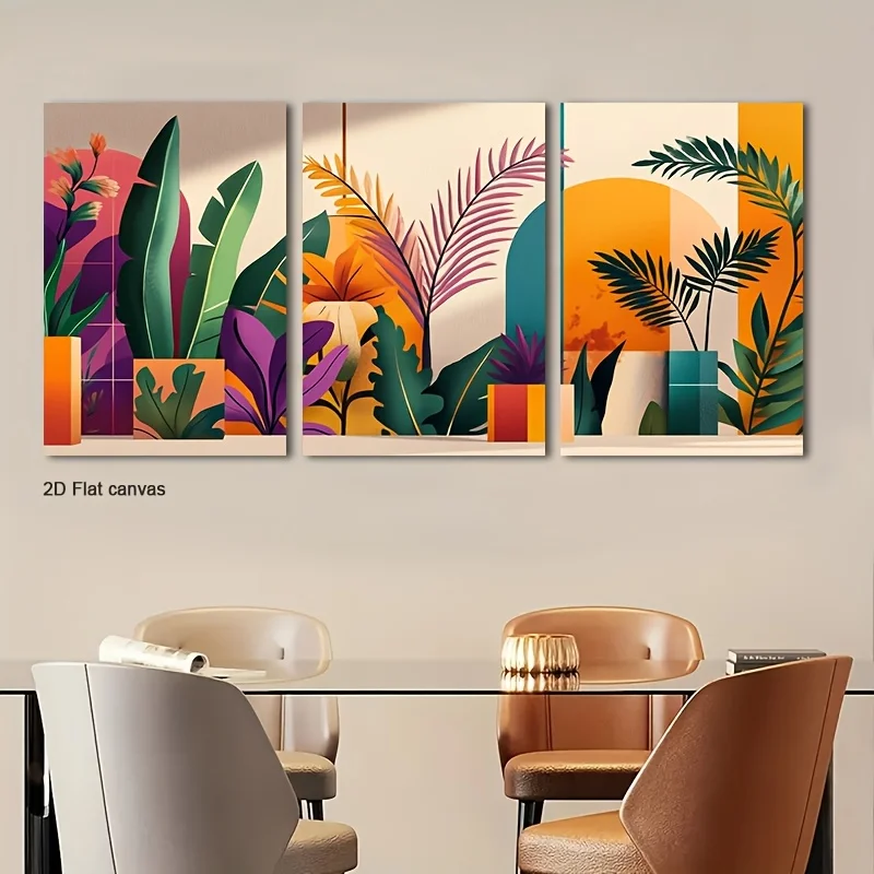 Frameless Canvas 3pcs Framed Tropical Palm Wall Art - Modern Print Wrapped Canvas With Foliage, Ready-to-Hang Decor Suitable
