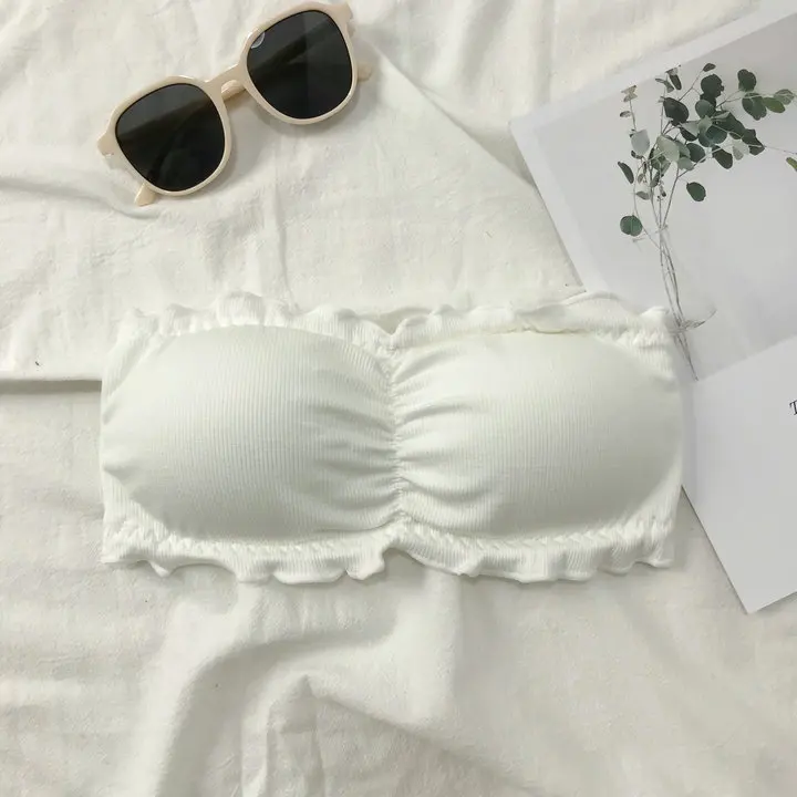 Reggiseno avvolgente con una parola in cotone filettato estivo con cuscinetti per reggiseno Intimo raccolto Reggiseno senza spalline da donna antiscivolo