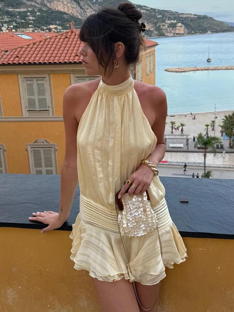 

Trendix Fashion Halter Dress For Women High Waist Patchwork Pleated Sleeveless Short Dress Party Club Sexy Backless Mini Dress