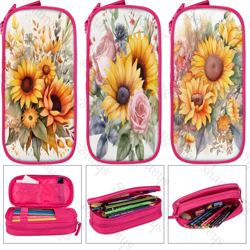 

Sunflower Printed Pattern Large Capacity Pencil Case Stationery School Supplies Pouch Office Desk Kids Pen Case Box