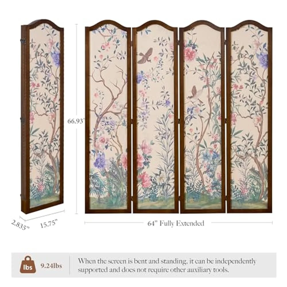 Oriental Style 4 Panel Wood Folding Screen Room Divider – Freestanding Privacy Screen and Decorative Partition Wall