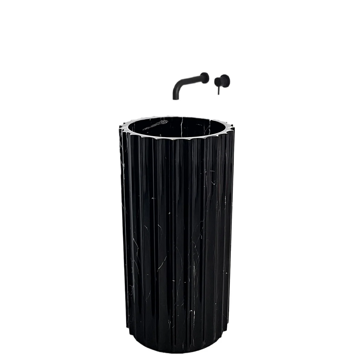 

Column basin Floor-to-ceiling marble bathroom Black and white root travertine grooving art integrated column basin