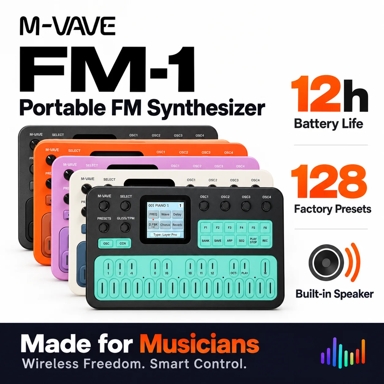 M-VAVE FM-1 Handheld Synthesizer Keyboard 6 Operator FM Sound Engine 32 Algorithms 128 Presets Built-in Speaker Bluetooth MIDI