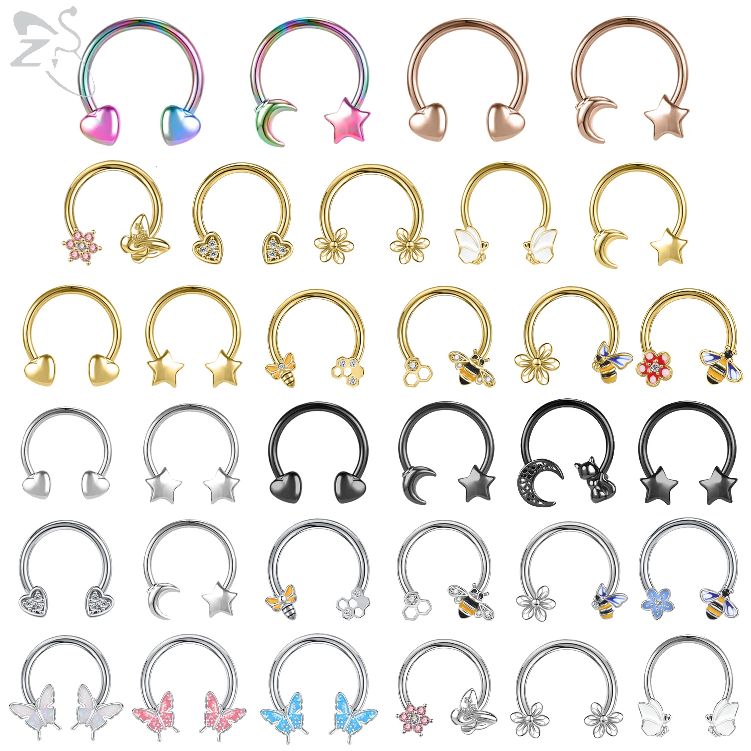 ZS 1PC 16G Bee Horseshoe Septum Ring Butterfly Stainless Steel Nose Piercing 10MM Star Hoop Daith Earring Helix Conch Piercings