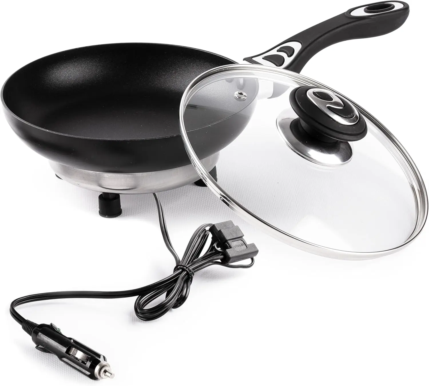 

12V Frying Pan with Glass Lid, 7.5' Non-Stick, Stay-Cool Handles, Rapid Heat Up – Ideal for Camping & Picnics