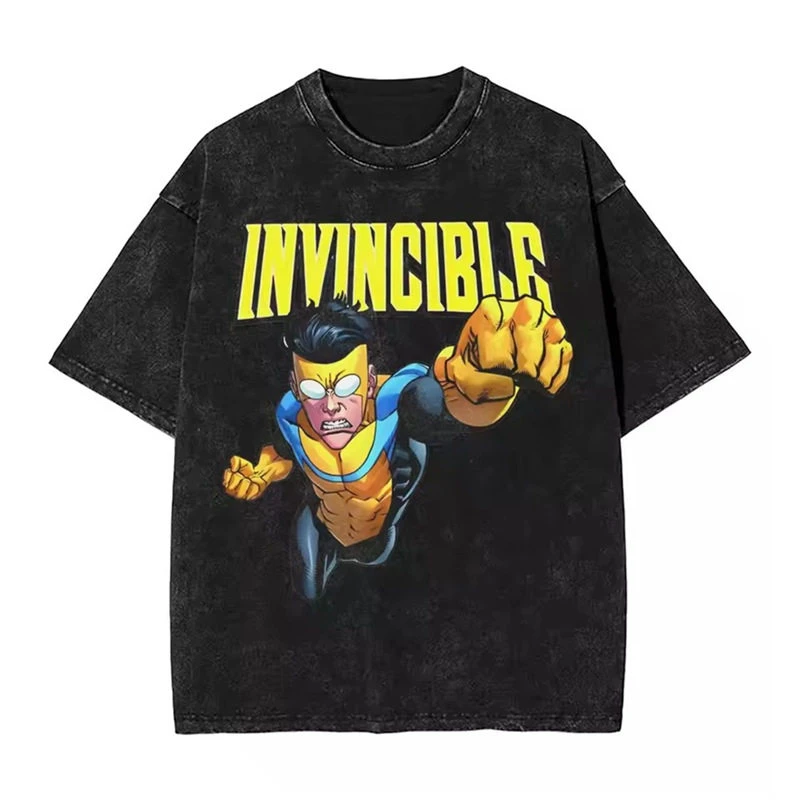 Summer Invincible Animation Mark Washed Vintage T-Shirt Loose Fit Men's and Women's Trendy Printed Couple Short Sleeve Shirt