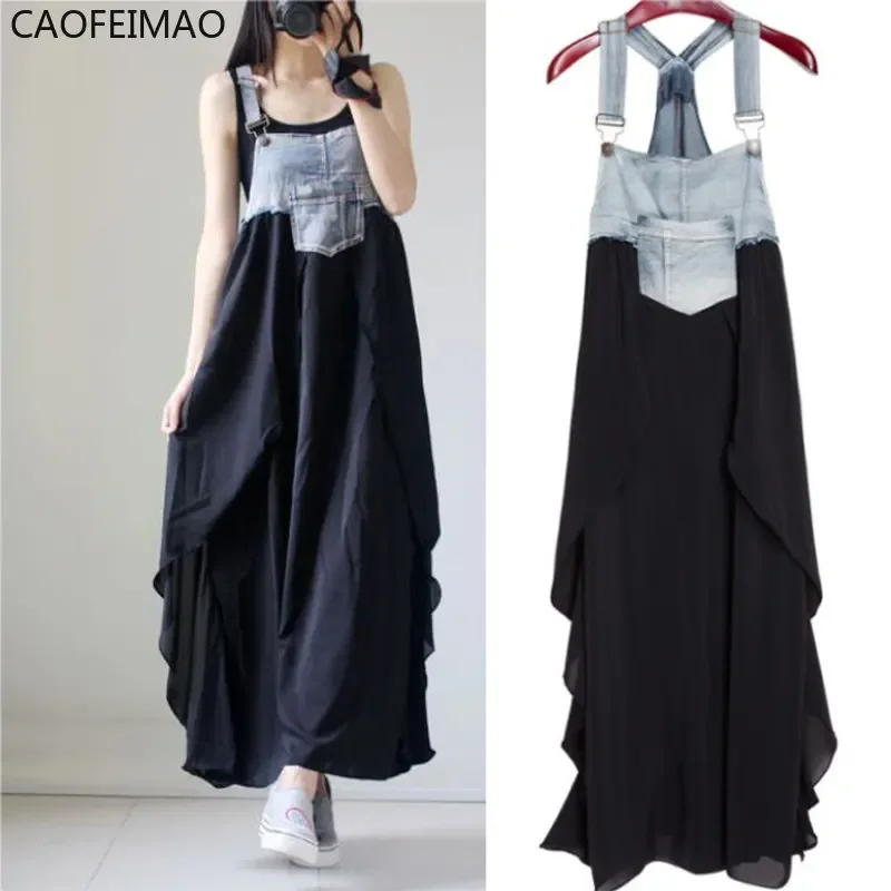 

2025New classic Women Summer Braces Dress Denim Patchwork Maxi Dress Bottom High Waist Loose Casual Beach Dress