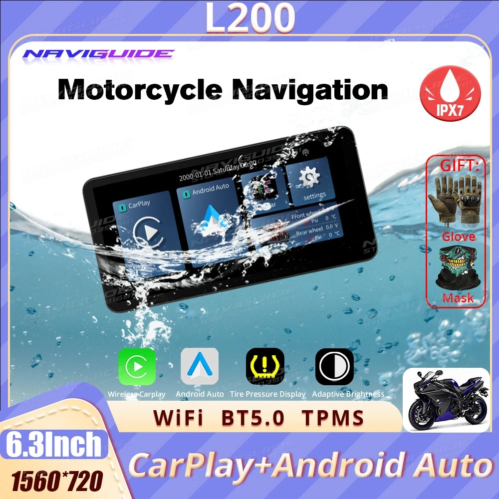 

NAVIGUIDE L200 6.3'' Linux carplay motorcycle Wireless CarPlay&Android Auto Portable Moto LCD Display IPX7 WiFi 1560*720 BT 5.0