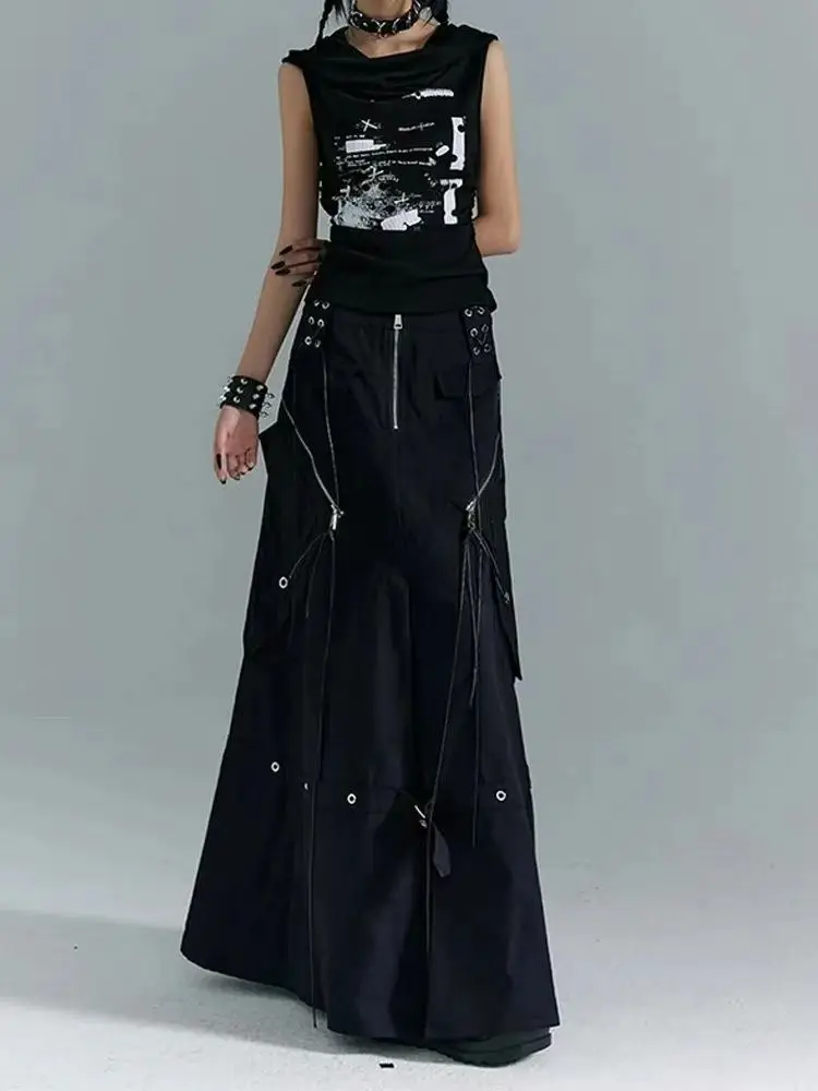 Amerikanische Streetwear Punk Dunkelschwarz Röcke 2025, Mode Faul Neue Rock für Frauen Y2k Hohe Taille Vintage Lose Faldas Mujer