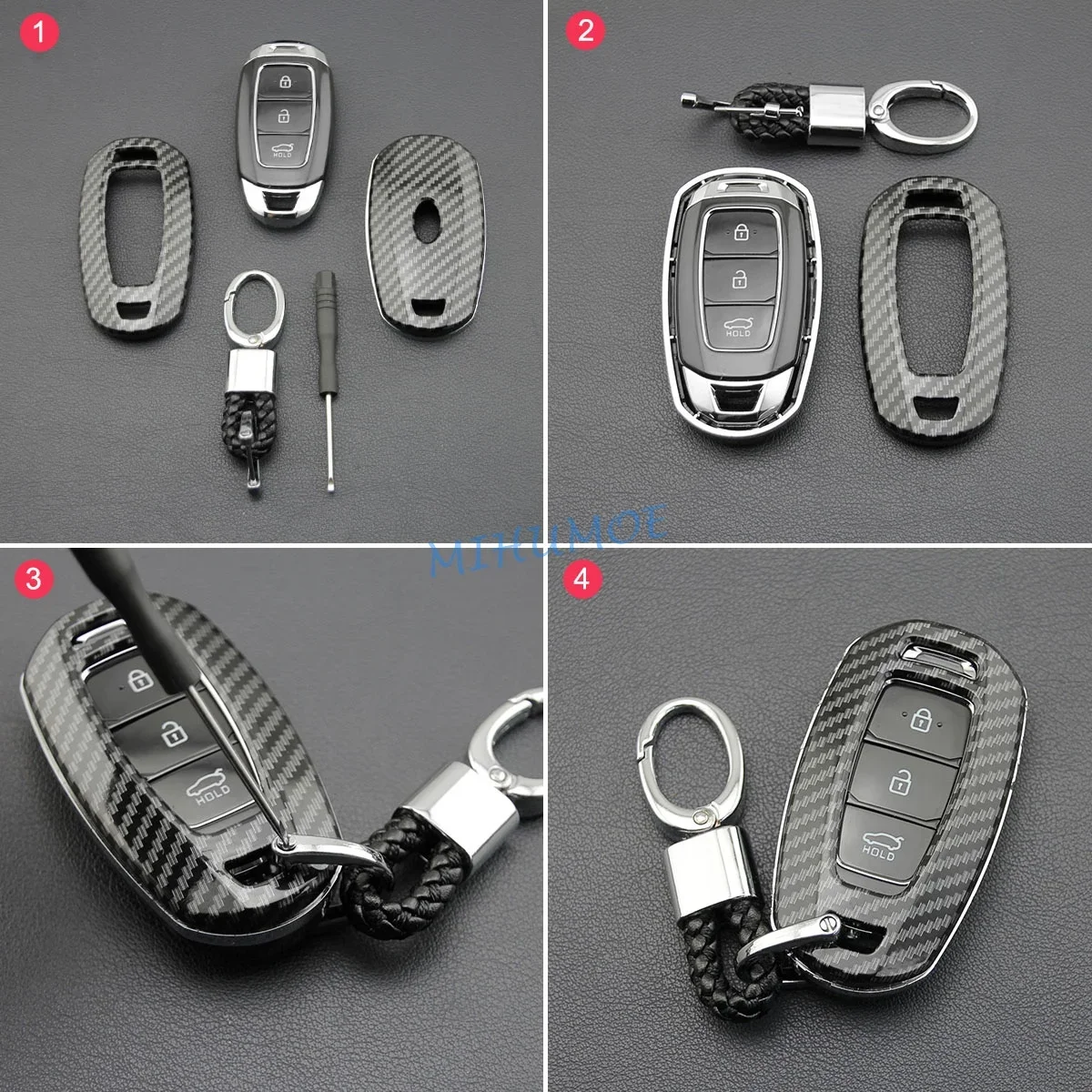 Carbon Fiber Car Smart Key Cover Case Chain Accessories For Hyundai Veloster Accent Palisade Elantra GT Venue Santa Fe Kona i30