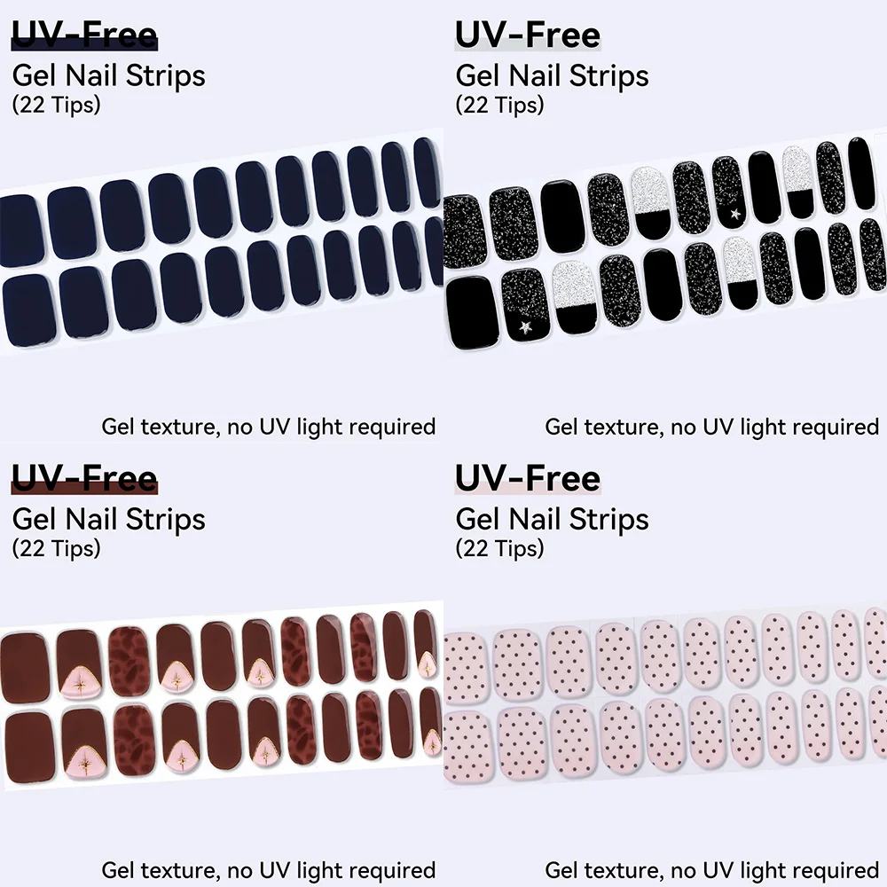 22Tips Solid Color No-Cure Nail Stickers Dark Color Glitter Press on Nails Polka Dot Design Full Cover Nail Wraps for Manicure