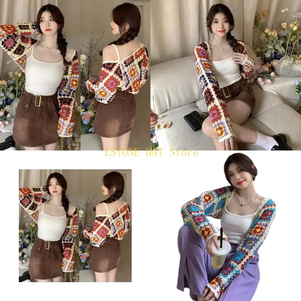 49MF Handmade Hollow Crochet Cardigan for Women Boho Thin Colorful Knit Sweater Coat