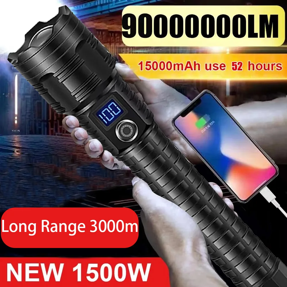 

New 12000mAh White Laser Flashlights 1000000LM Ultra Powerful Flashlight Zoom USB Rechargeable Lantern Outdoor Camping Torch