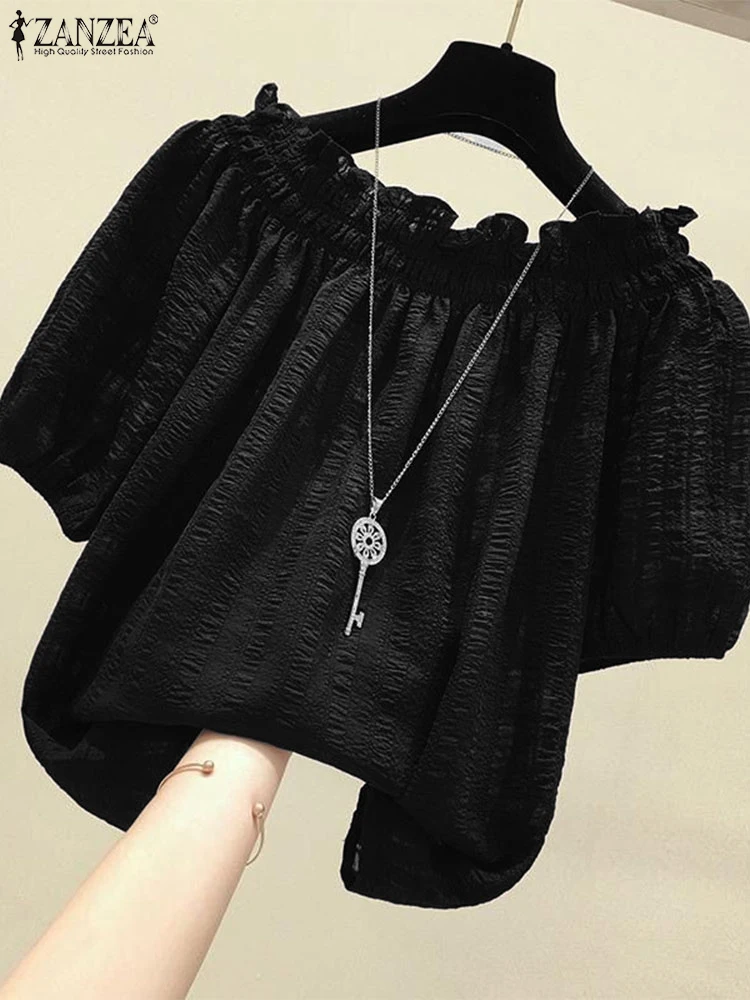 

ZANZEA Women OL Work Blouse Solid Color Puff Sleeve Tops 2025 Summer O Neck Tunic Female Shirts Loose Casual Blusas Oversized