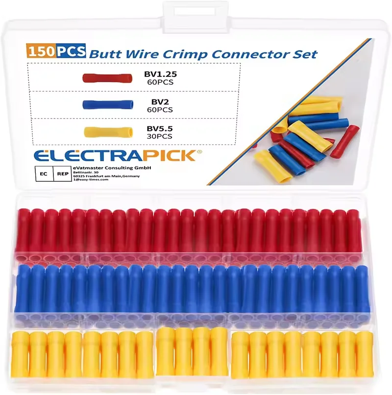 150pcs Insulated Straight Wire Butt Connectors Electrical Wire Cable Crimp Terminals Set Cold Press Cable Splice