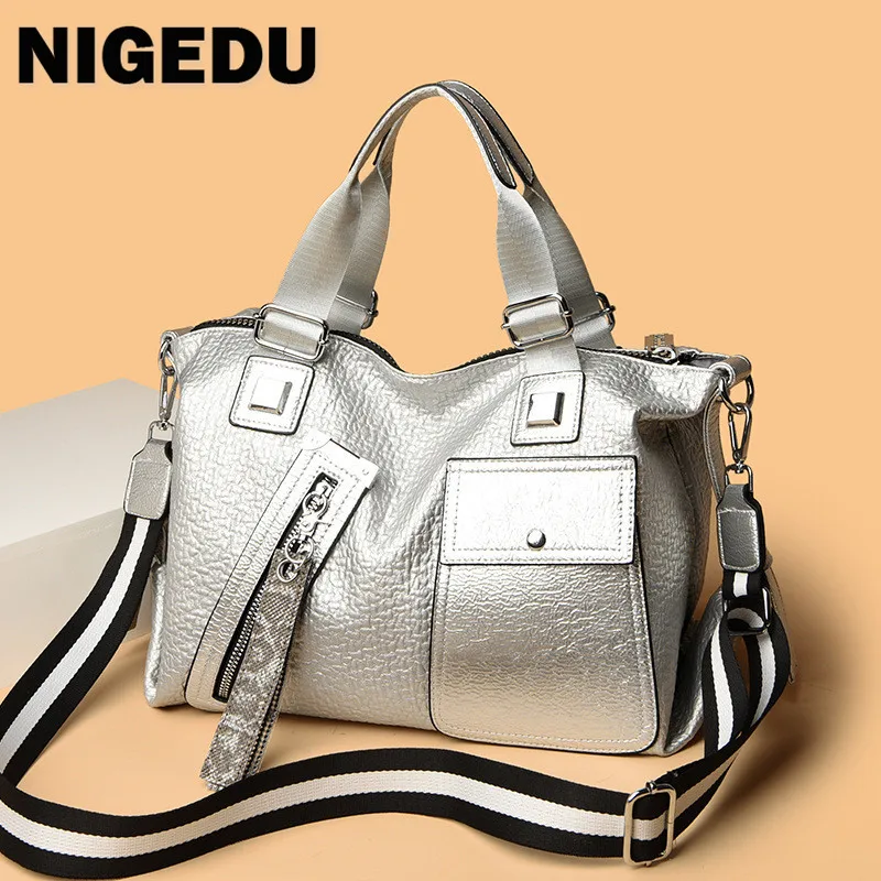 Genuine Leather Women Handbag Large Capacity Luxury Ladies Shoulder Messenger Bag Designer Hot Drill Female big Totes silver