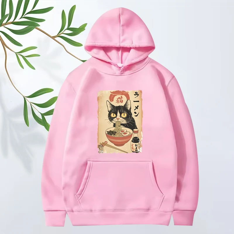 Ramen Cat hoodie Japanese Style Black Cat Eating Ramen Grpahic men women Long sleeve streetwear print oversized hoodie unisex