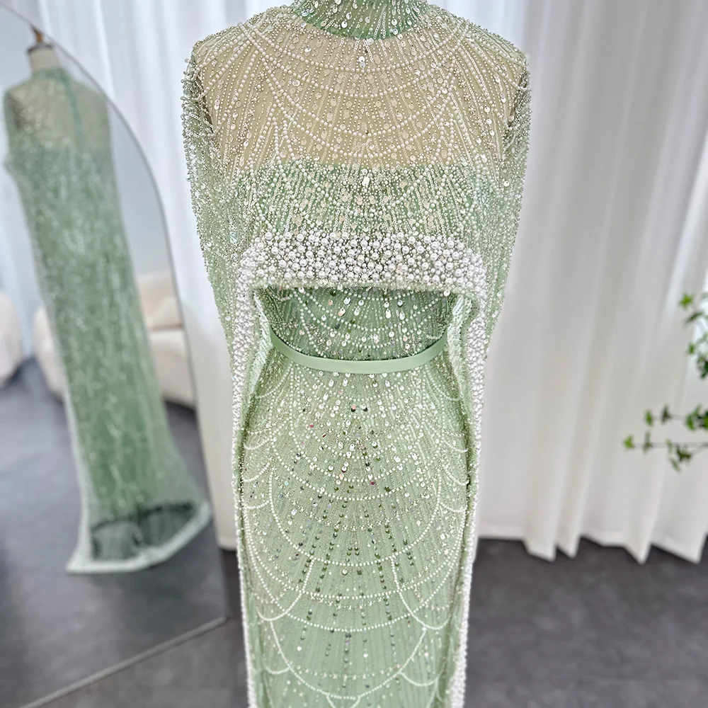 Sharon Said Luxus-Perlen Dubai Champagner Meerjungfrauen-Abendkleider mit Cape-Ärmeln Arabisches Hochzeits- und Abschlussballkleid SS369 Maßanfertigung – Detail 17