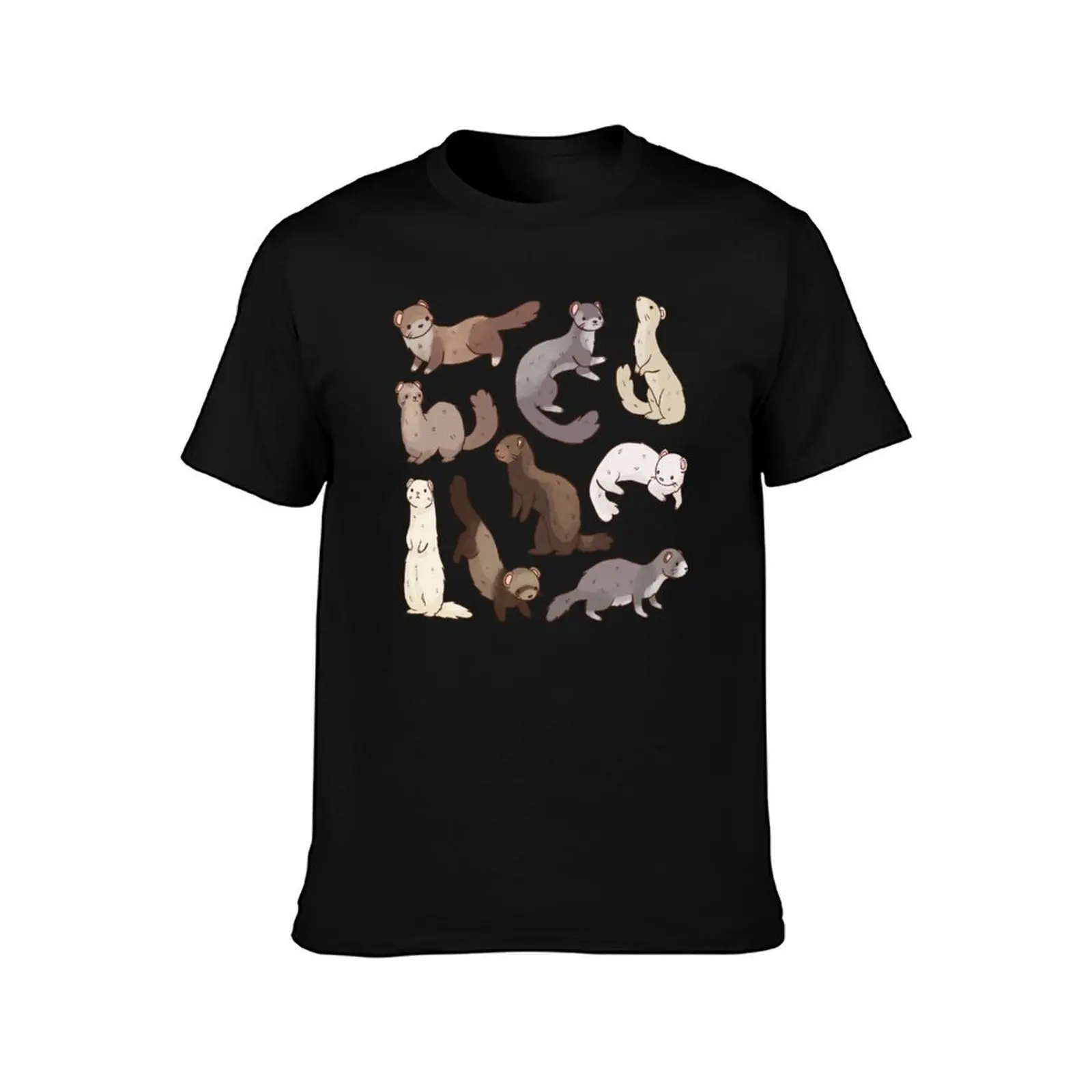 Cute cartoon Ferrets illustration pattern T-Shirt Summer Casual Cotton Tee Oversized Streetwear Tops Vintage Graphic Print