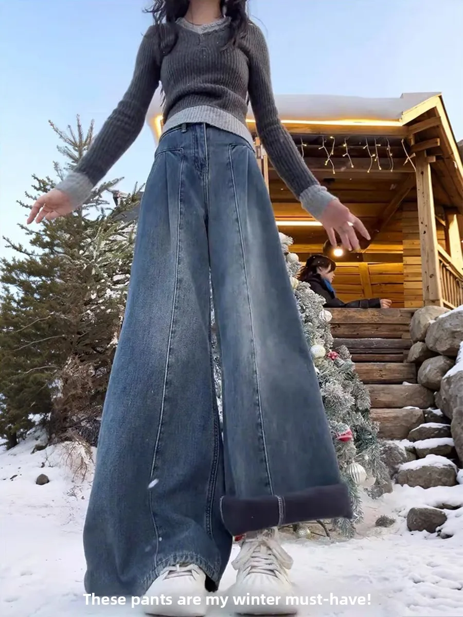 جينز دينم عتيق عالي الخصر من Thiened Fce للنساء لخريف وشتاء مقاس كبير على شكل كمثرى ثنى للجسم فضفاض ونحيف وواسع الساق...