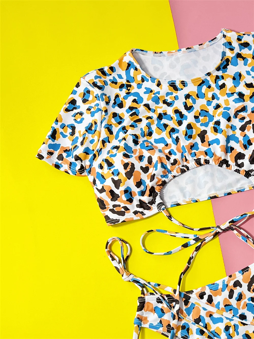 Multicolor Leopard Tankini Hollow Out Drawstring Bikini Y2K Swimsuit Push Up Vacation Swimwears Women Beach Bathing Suit Biquini