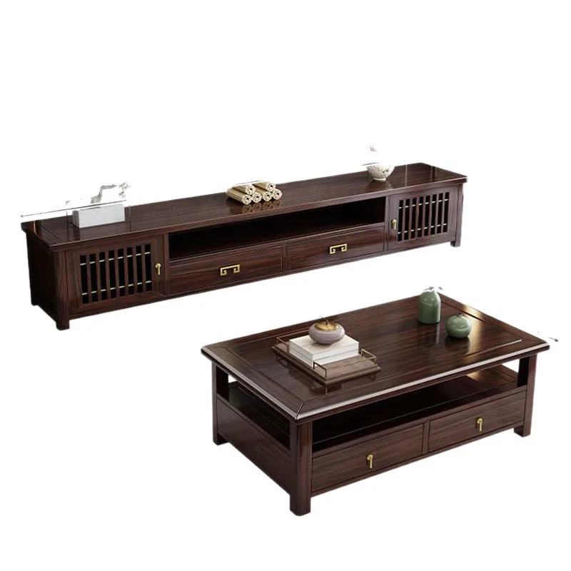 

New Chinese-style solid wood rock panel TV cabinet, coffee table combination, living room household ebony