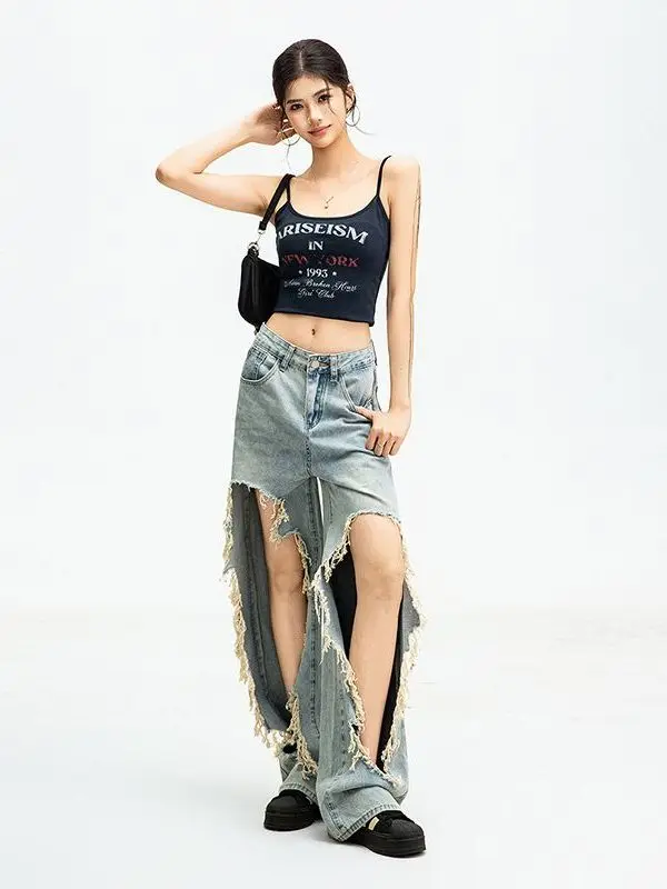 High Waist Wide Leg Denim Jeans Women's American High Street Washed Ripped Loose Slimming Long Pants Summer New Style