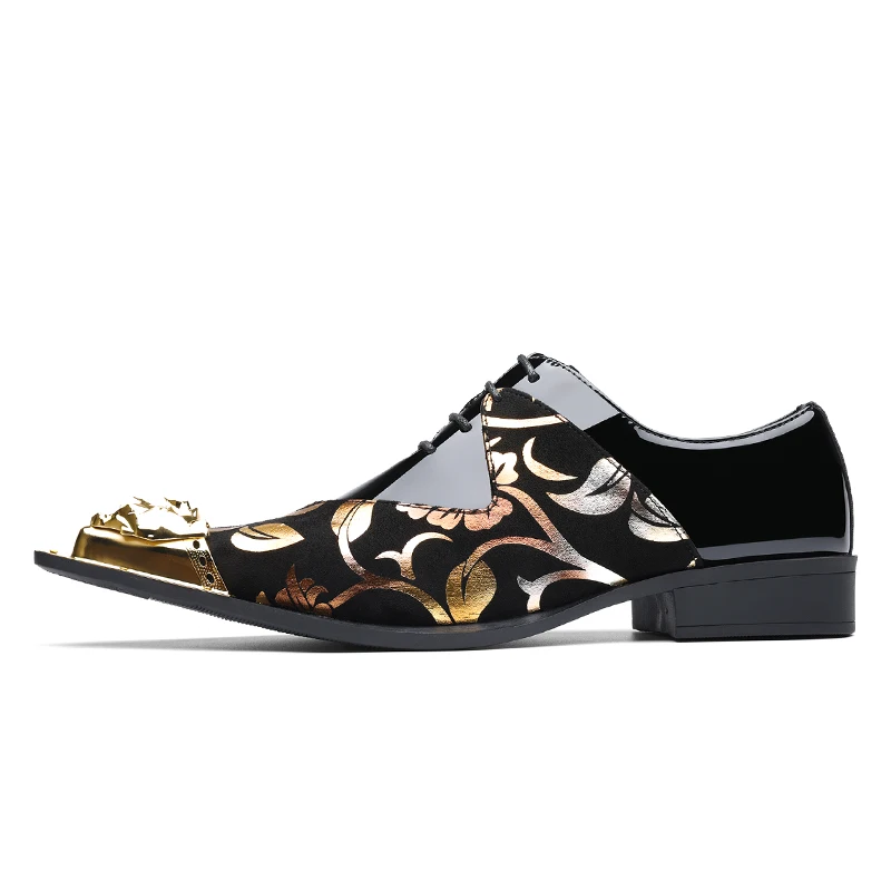 QRLQRL Men Luxury Gold Floral Print Pointed Shoes, Metal Decor Patchwork Formal Party Wedding Banquet Fashion Casual Loafers