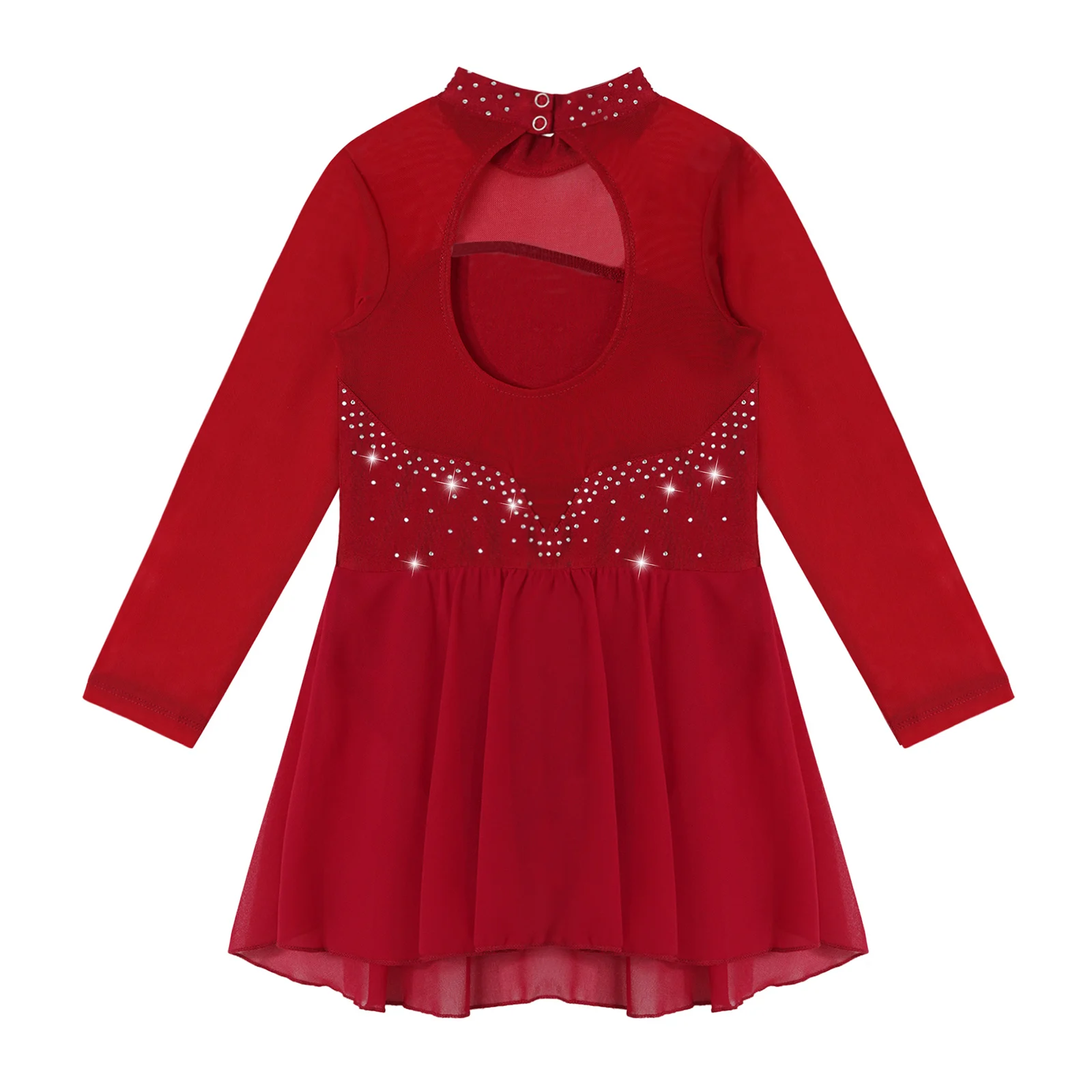 ชุดสเก็ตน้ำแข็งสำหรับเด็กผู้หญิง ประดับด้วยกลิตเตอร์และคริสตัล ชุดเต้นบัลเลต์บอลรูม แขนยาว ชุดแสดงสำหรับเด็ก